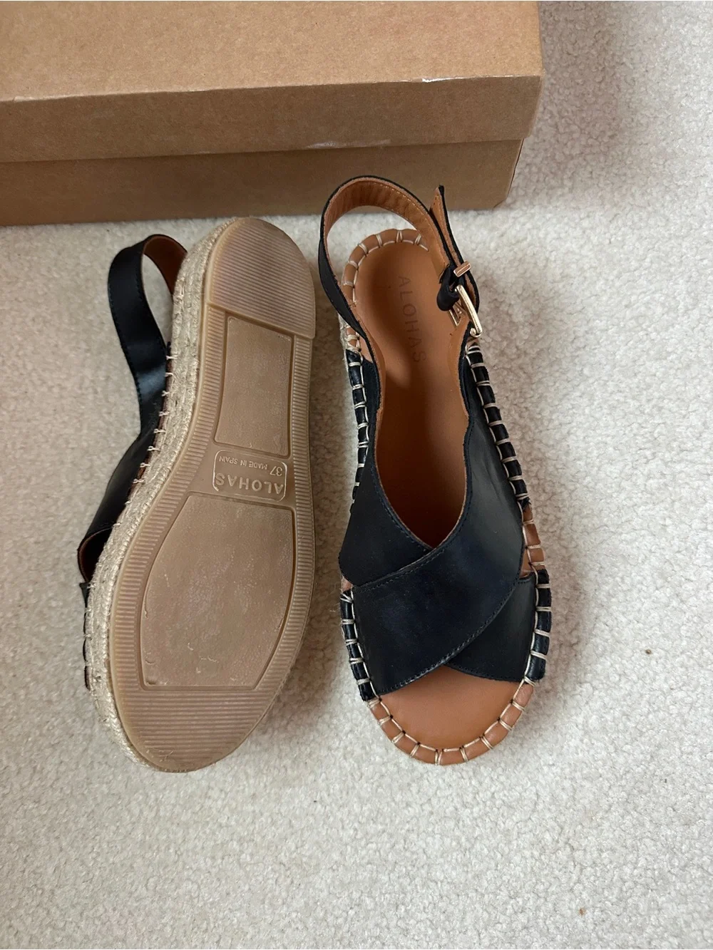 ALOHAS Black Leather Crisscross Espadrille Sandals